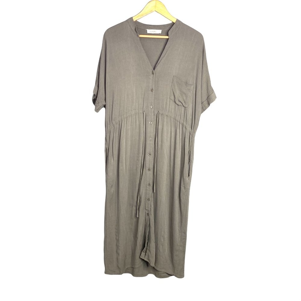 Rokoko Rayon Blend Lagenlook Midi Dress Button Front V-Neck Pockets Large